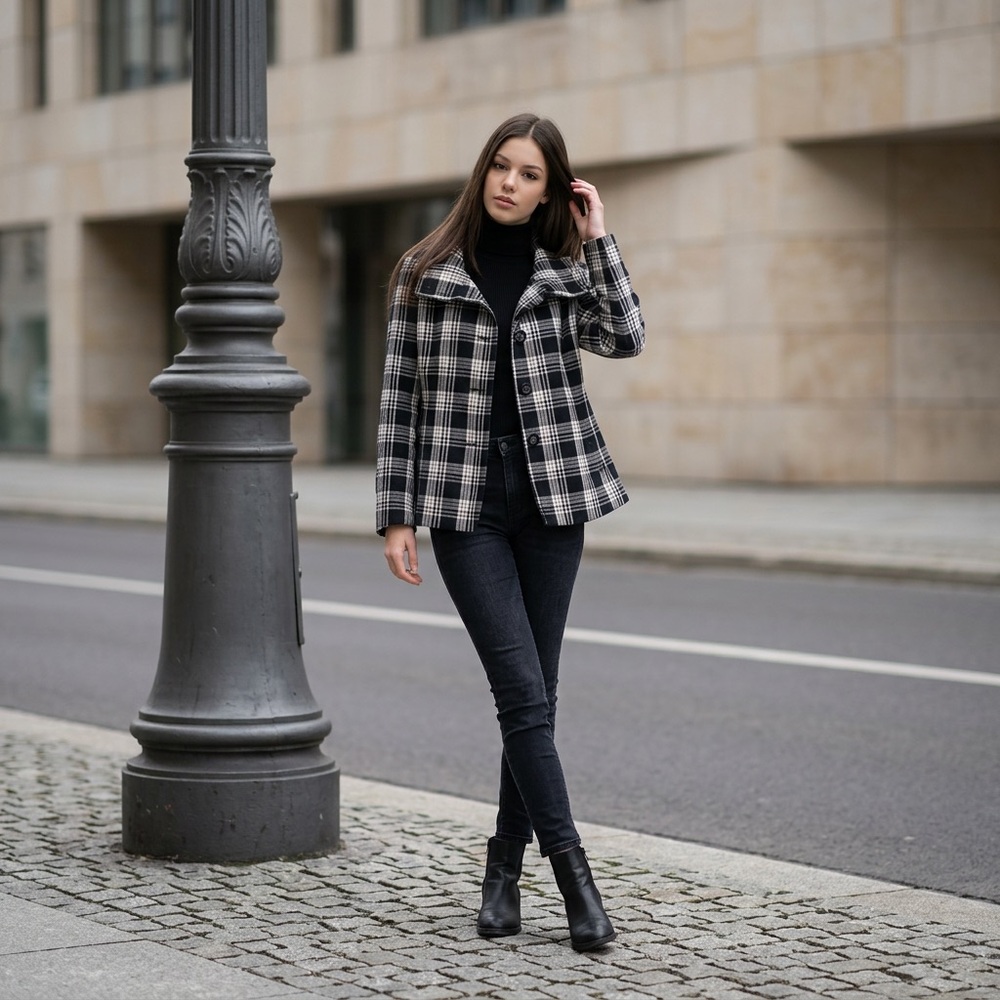 Guess Women Black White Gray Checked Funnel Neck Statement  Jacket Size S